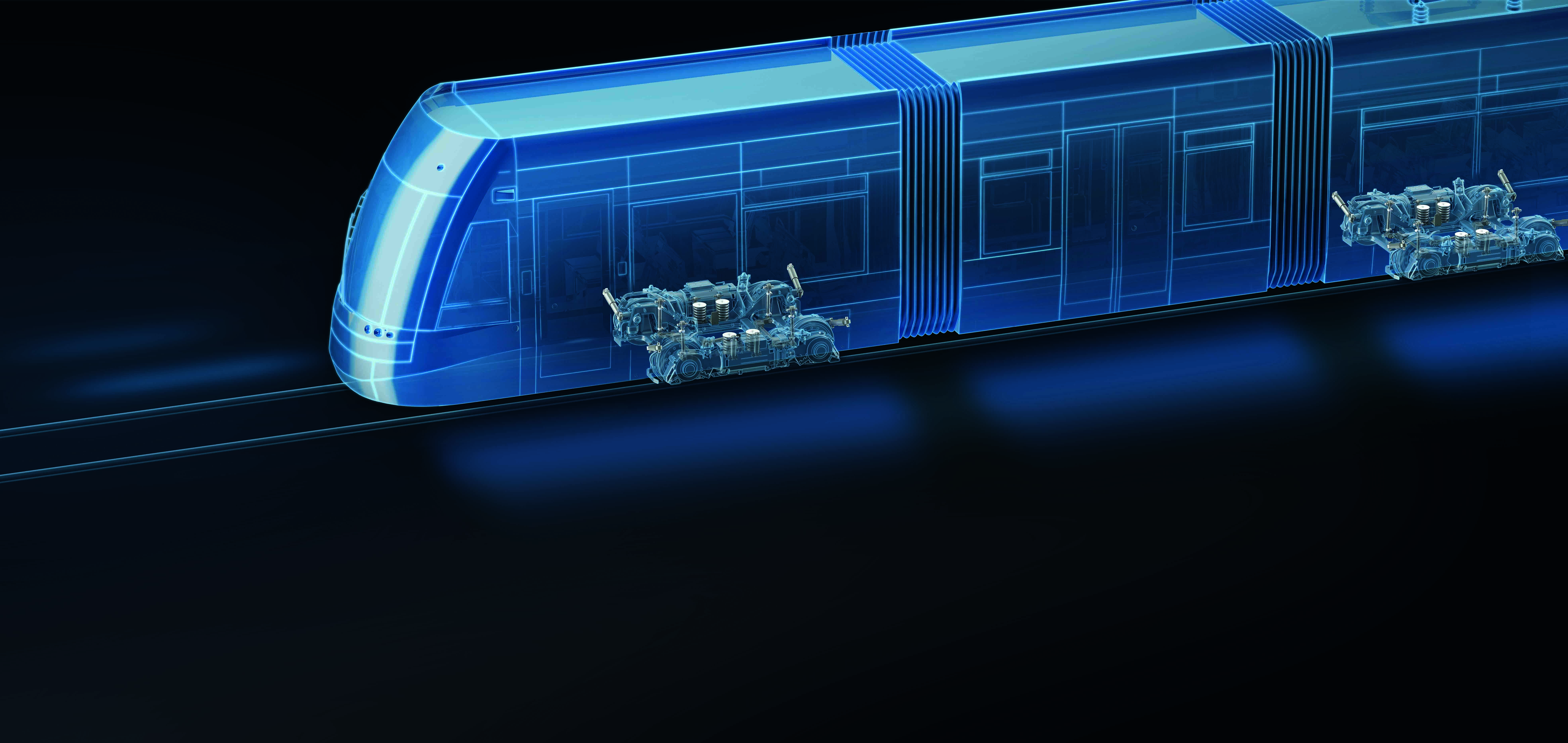 Detailed illustration of a bogie system integrated within a rail vehicle.