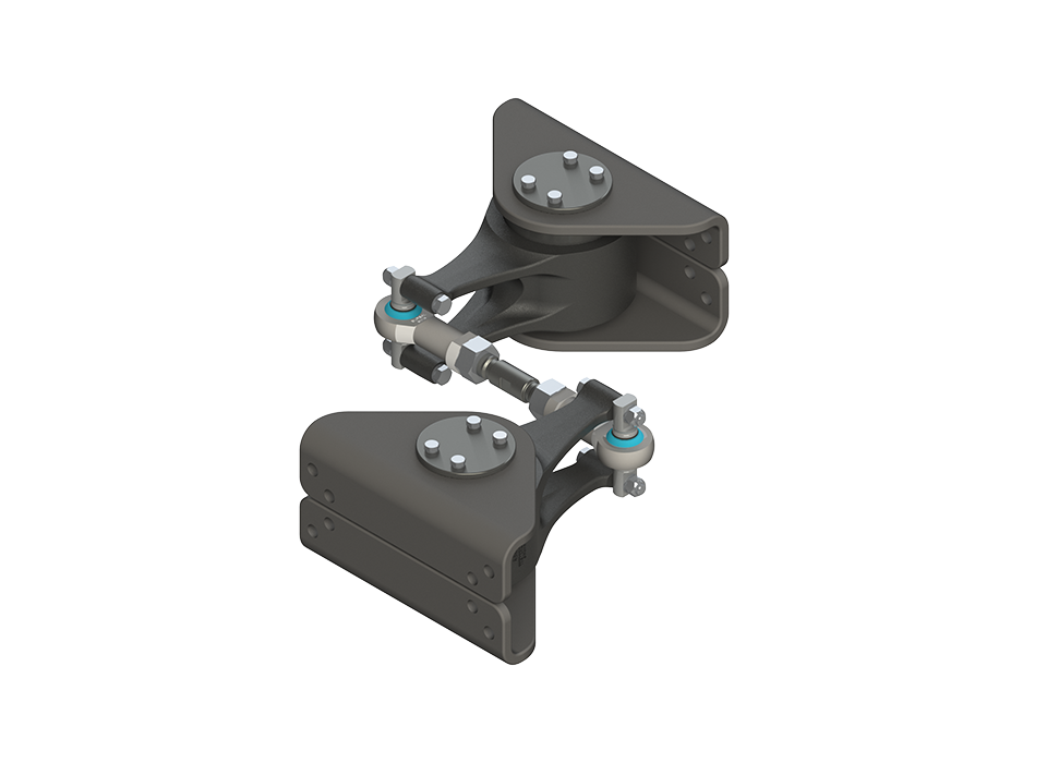 Detailed view of roll-pitch-yaw articulations (HERPYA) for articulated trains or trams operating under particularly dynamic conditions